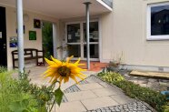 Vor der Eingangstüre blüht eine gelbe Sonnenblume.