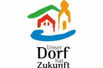 Logo: gezeichnetes Haus, Kirche, und Bach; Schriftzug 'Unser Dorf hat Zukunft'